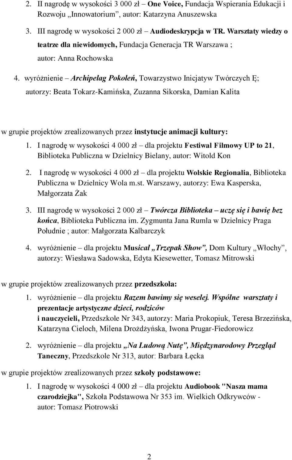 wyróżnienie Archipelag Pokoleń, Towarzystwo Inicjatyw Twórczych Ę; autorzy: Beata Tokarz-Kamińska, Zuzanna Sikorska, Damian Kalita w grupie projektów zrealizowanych przez instytucje animacji kultury: