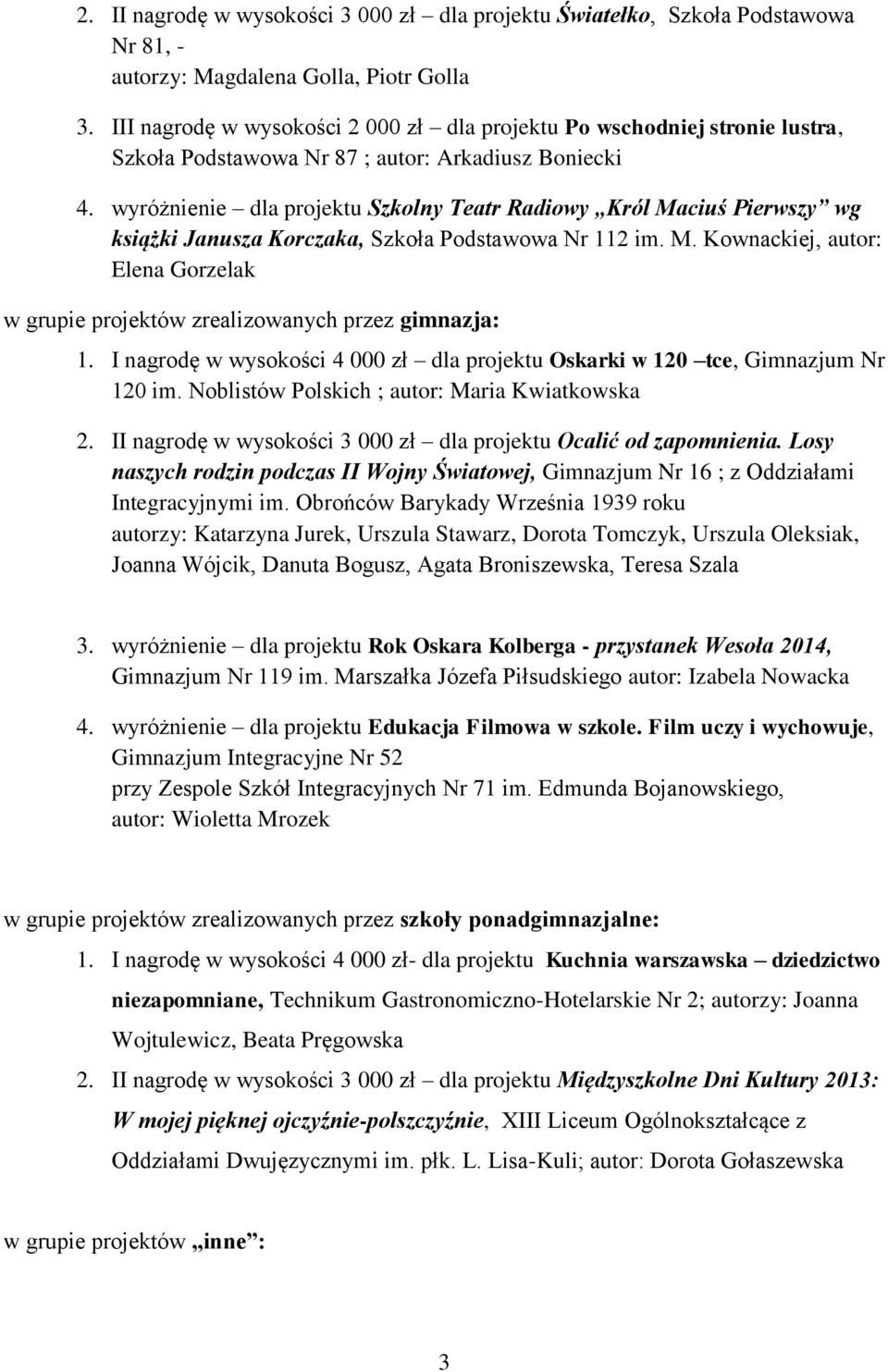 wyróżnienie dla projektu Szkolny Teatr Radiowy Król Maciuś Pierwszy wg książki Janusza Korczaka, Szkoła Podstawowa Nr 112 im. M. Kownackiej, autor: Elena Gorzelak w grupie projektów zrealizowanych przez gimnazja: 1.