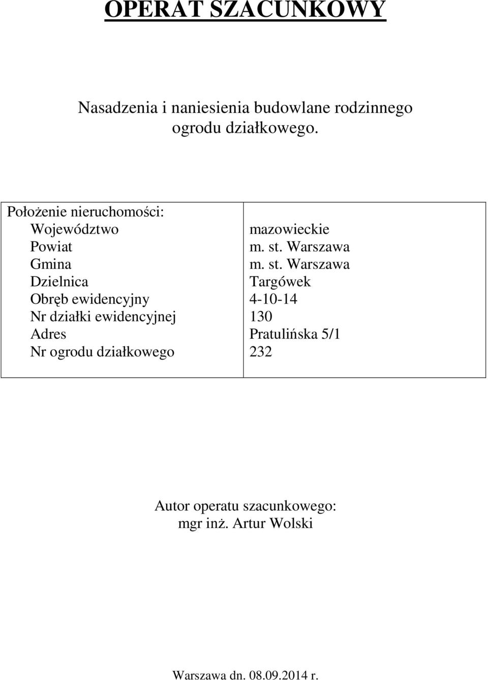 działki ewidencyjnej Adres Nr ogrodu działkowego mazowieckie Targówek 4-10-14 130