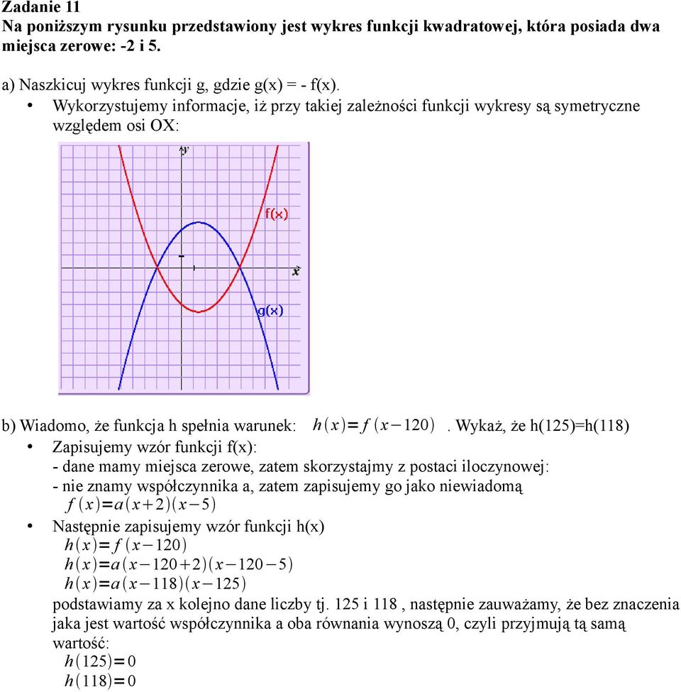 Wykaż, że h(125)=h(118) Zapisujemy wzór funkcji f(x): - dane mamy miejsca zerowe, zatem skorzystajmy z postaci iloczynowej: - nie znamy współczynnika a, zatem zapisujemy go jako niewiadomą f x =a x 2