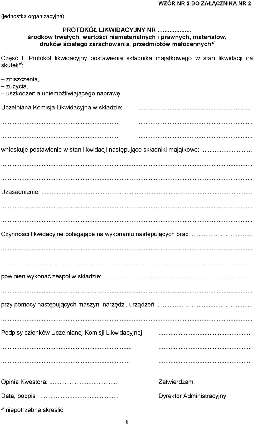 Protokół likwidacyjny postawienia składnika majątkowego w stan likwidacji na skutek x/ : zniszczenia, zużycia, uszkodzenia uniemożliwiającego naprawę Uczelniana Komisja Likwidacyjna w składzie:.