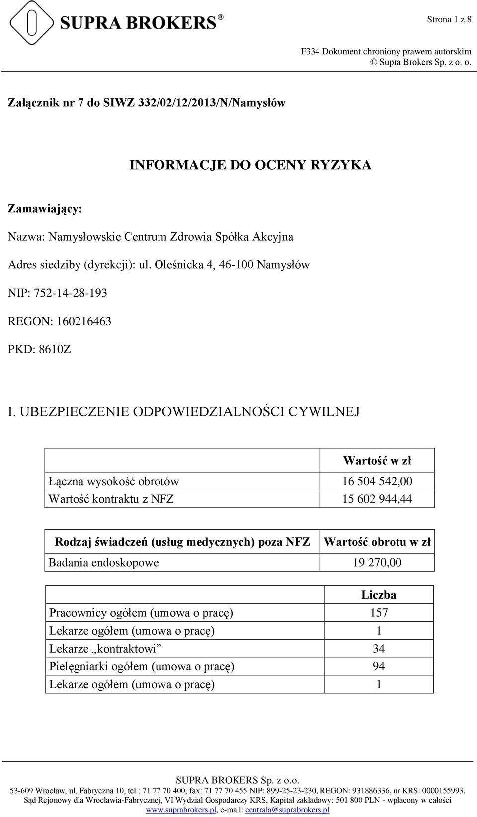 UBEZPIECZENIE ODPOWIEDZIALNOŚCI CYWILNEJ Wartość w zł Łączna wysokość obrotów 16 504 542,00 Wartość kontraktu z NFZ 15 602 944,44 Rodzaj świadczeń (usług