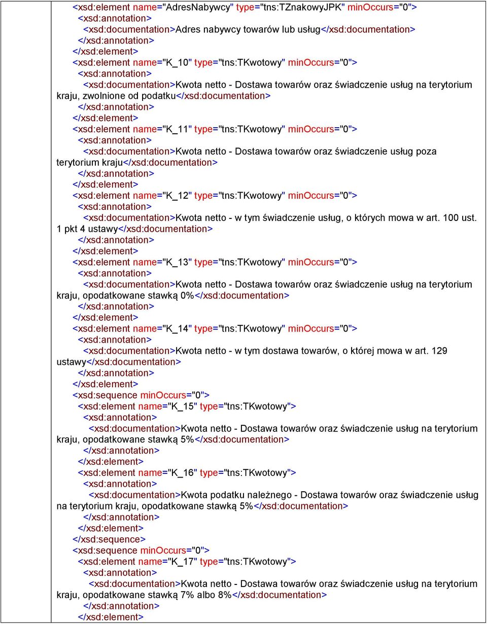 świadczenie usług poza terytorium kraju</xsd:> <xsd:element name="k_12" type="tns:tkwotowy" minoccurs="0"> <xsd:>kwota netto - w tym świadczenie usług, o których mowa w art. 100 ust.