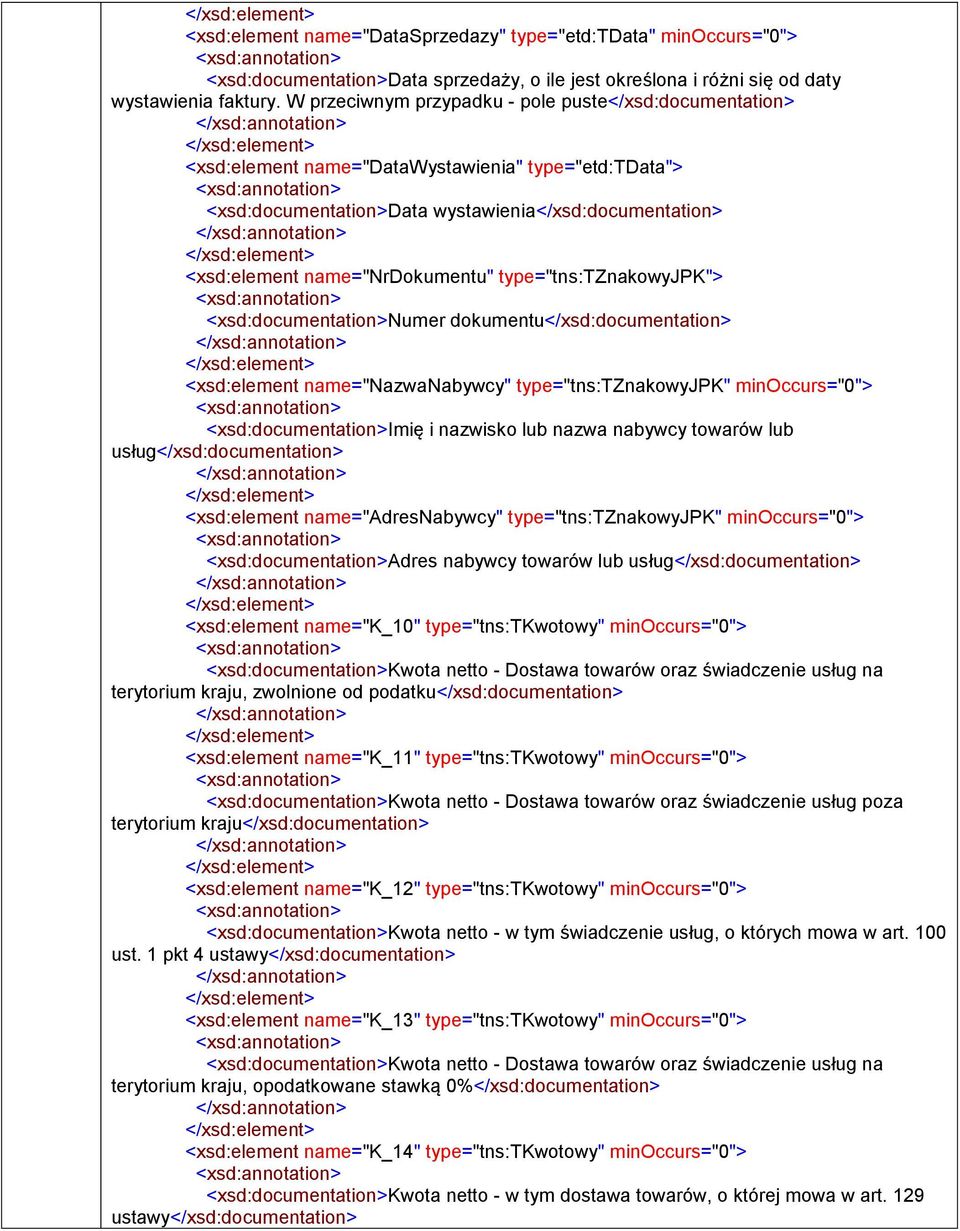 dokumentu</xsd:> <xsd:element name="nazwanabywcy" type="tns:tznakowyjpk" minoccurs="0"> <xsd:>imię i nazwisko lub nazwa nabywcy towarów lub usług</xsd:> <xsd:element name="adresnabywcy"