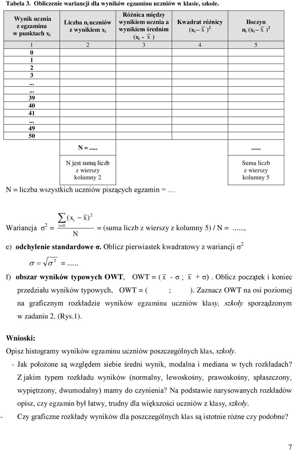 3 39 40 41 49 50 N =.. N jest sumą liczb z wierszy kolumny 2 N = liczba wszystkich uczniów piszących egzamin =.