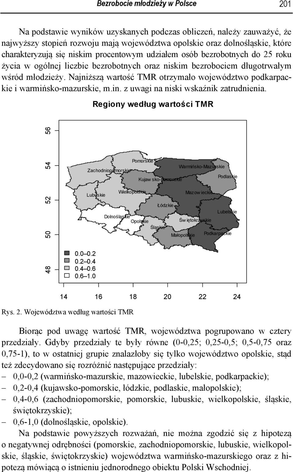 Najniższą wartość TMR otrzymało województwo podkarpackie i warmińsko-mazurskie, m.in. z uwagi na niski wskaźnik zatrudnienia. Regiony według wartości TMR 48 50 52 54 56 0.0 0.2 0.2 0.4 0.4 0.6 0.6 1.