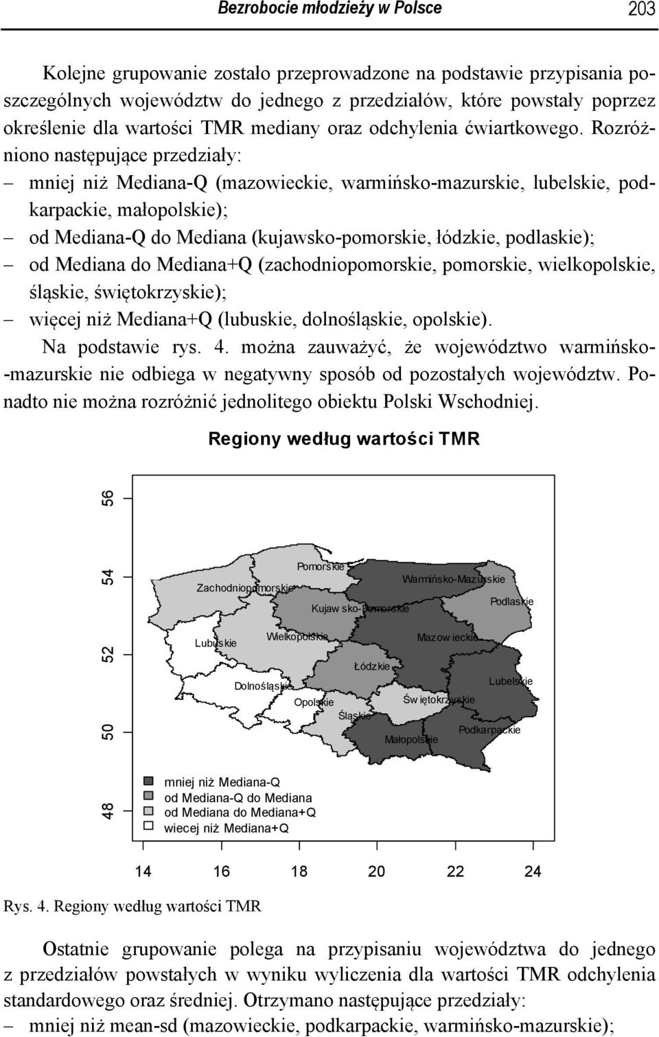 Rozróżniono następujące przedziały: mniej niż Mediana-Q (mazowieckie, warmińsko-mazurskie, lubelskie, podkarpackie, małopolskie); od Mediana-Q do Mediana (kujawsko-pomorskie, łódzkie, podlaskie); od