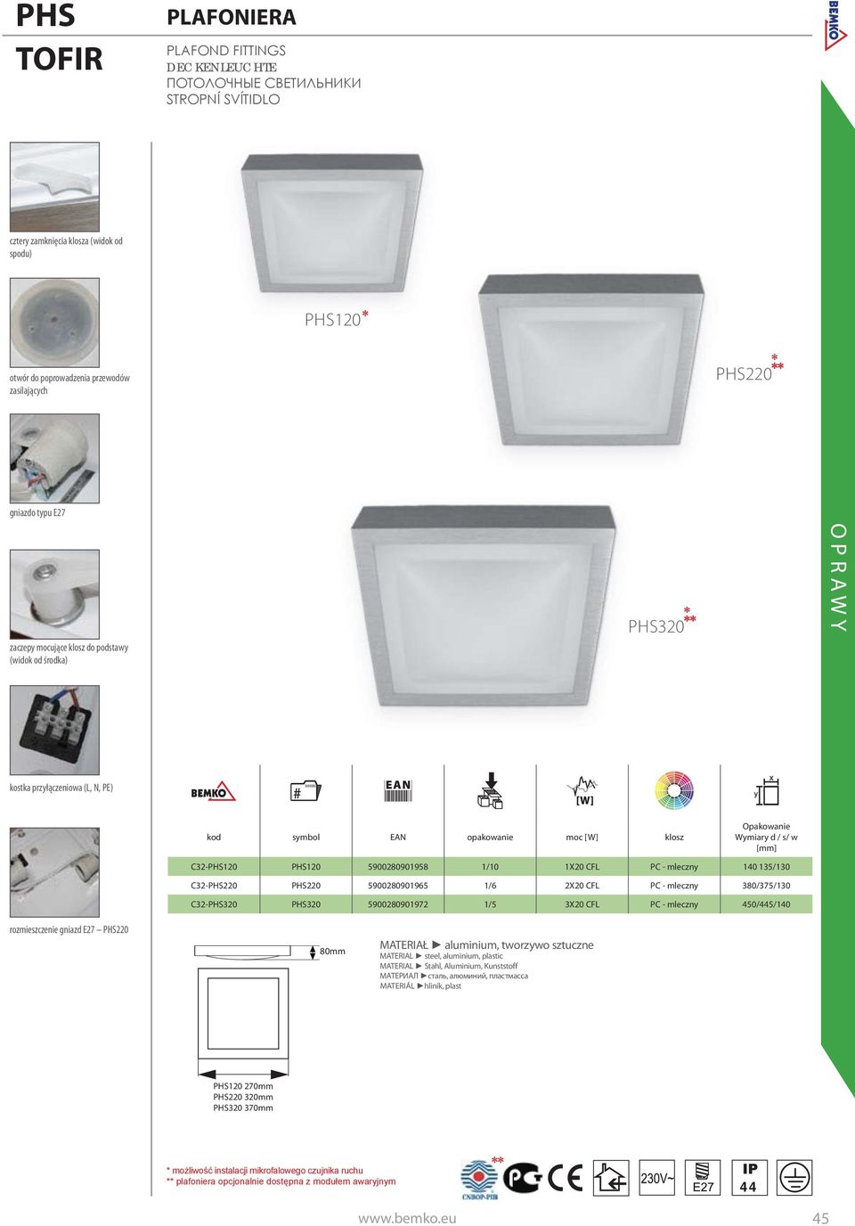 PHS220 5900280901965 1/6 2X20 CFL PC - mleczny 380/375/130 C32-PHS320 PHS320 5900280901972 1/5 3X20 CFL PC - mleczny 450/445/140 rozmieszczenie gniazd E27 PHS220 80mm MATERIAŁ aluminium, tworzywo