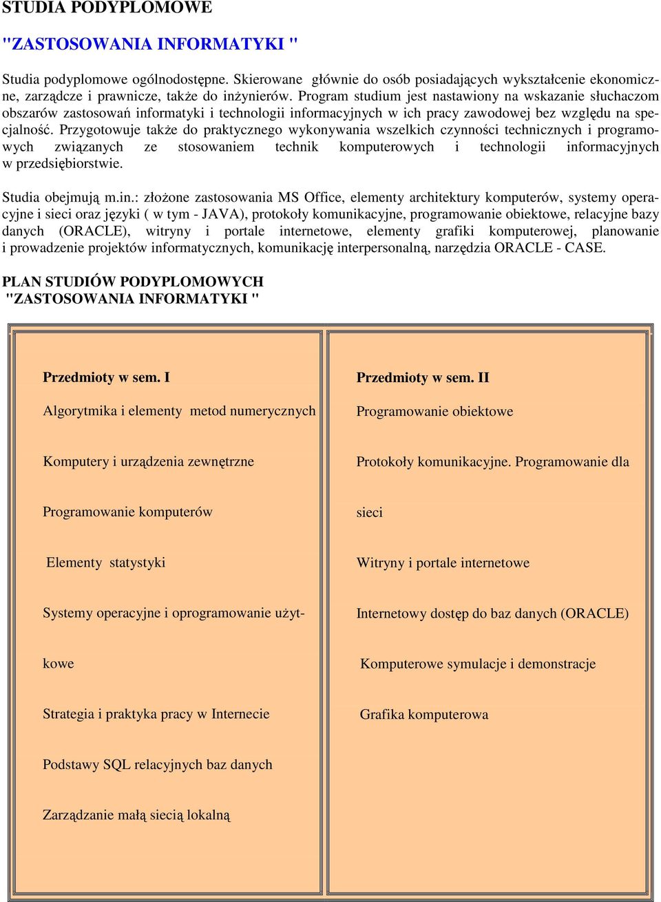 Przygotowuje takŝe do praktycznego wykonywania wszelkich czynności technicznych i programowych związanych ze stosowaniem technik komputerowych i technologii informacyjnych w przedsiębiorstwie.