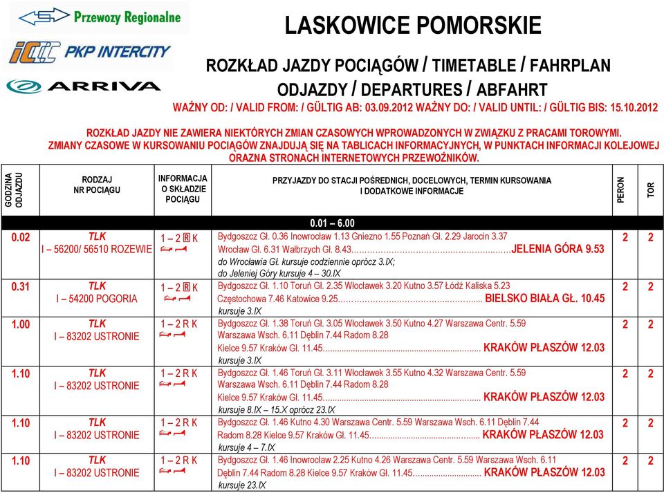 ZMIANY CZASOWE W URSOWANIU POCIĄGÓW ZNAJDUJĄ SIĘ NA TABLICACH INFORMACYJNYCH, W PUNTACH INFORMACJI OLEJOWEJ ORAZNA STRONACH INTERNETOWYCH PRZEWOŹNIÓW.