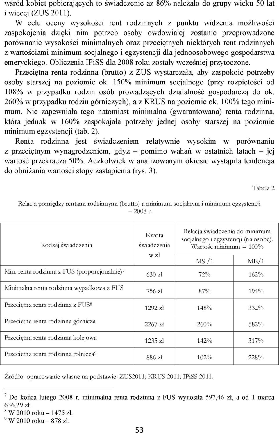 niektórych rent rodzinnych z wartościami minimum socjalnego i egzystencji dla jednoosobowego gospodarstwa emeryckiego. Obliczenia IPiSS dla 2008 roku zostały wcześniej przytoczone.
