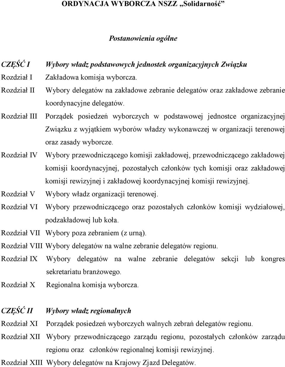 Rozdział III Porządek posiedzeń wyborczych w podstawowej jednostce organizacyjnej Związku z wyjątkiem wyborów władzy wykonawczej w organizacji terenowej oraz zasady wyborcze.