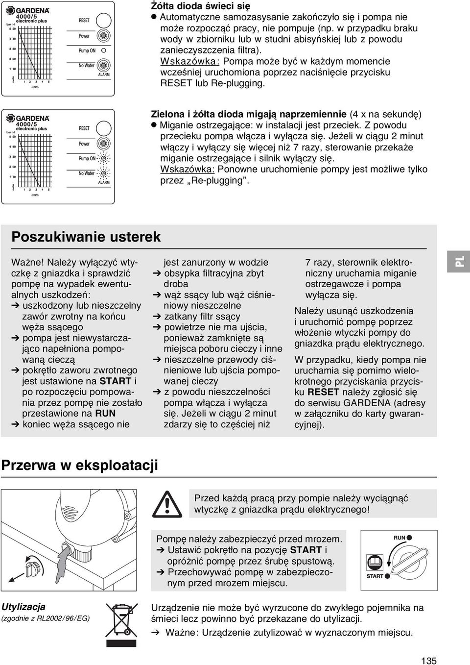 Wskazуwka: Pompa moїe byж w kaїdym momencie wczeњniej uruchomiona poprzez naciњniкcie przycisku RESET lub Re-plugging. Zielona i їуіta dioda migaj naprzemiennie (4 x na sekundк).