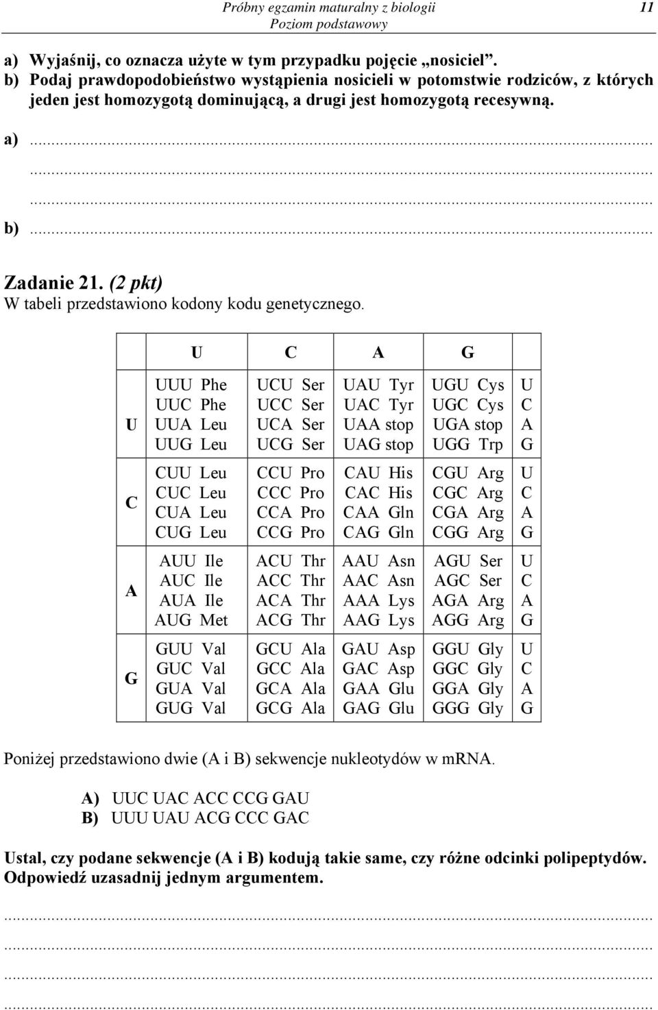 (2 pkt) W tabeli przedstawiono kodony kodu genetycznego.