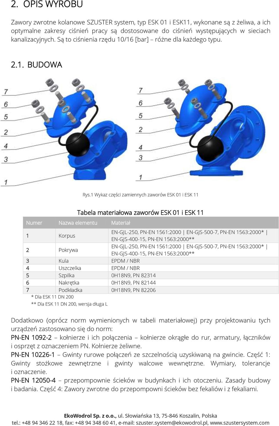 1 Wykaz części zamiennych zaworów ESK 01 i ESK 11 Tabela materiałowa zaworów ESK 01 i ESK 11 Numer Nazwa elementu Materiał 1 Korpus EN-GJL-250, PN-EN 1561:2000 EN-GJS-500-7, PN-EN 1563:2000*