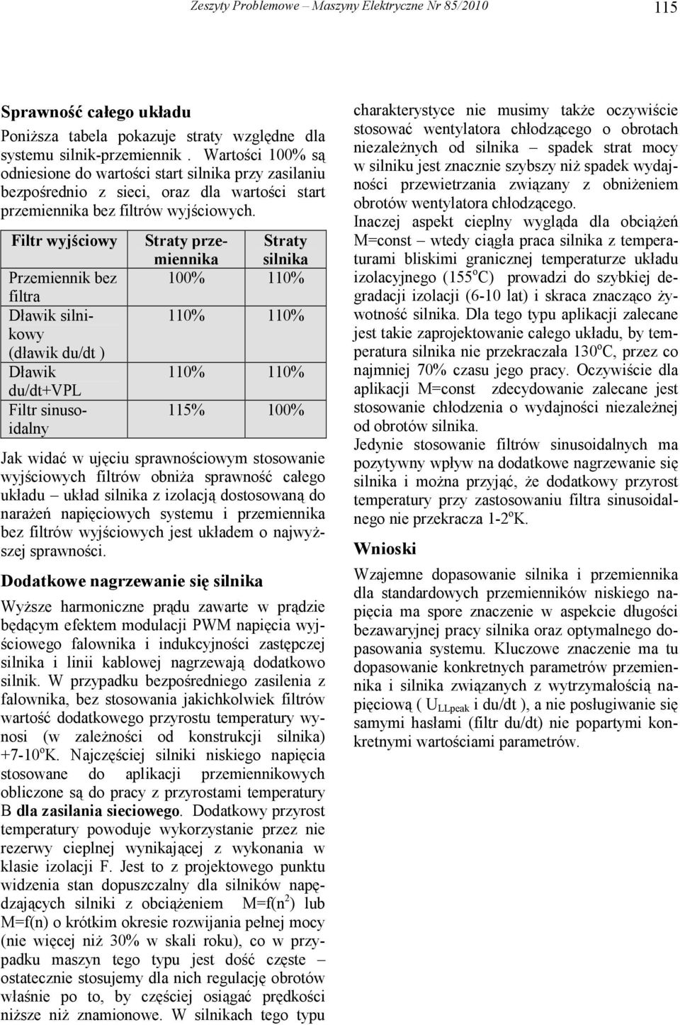 Filtr wyjściowy Przemiennik bez filtra Dławik silnikowy (dławik du/dt ) Dławik du/dt+vpl Filtr sinusoidalny Straty przemiennika Straty silnika 100% 110% 110% 110% 110% 110% 115% 100% Jak widać w