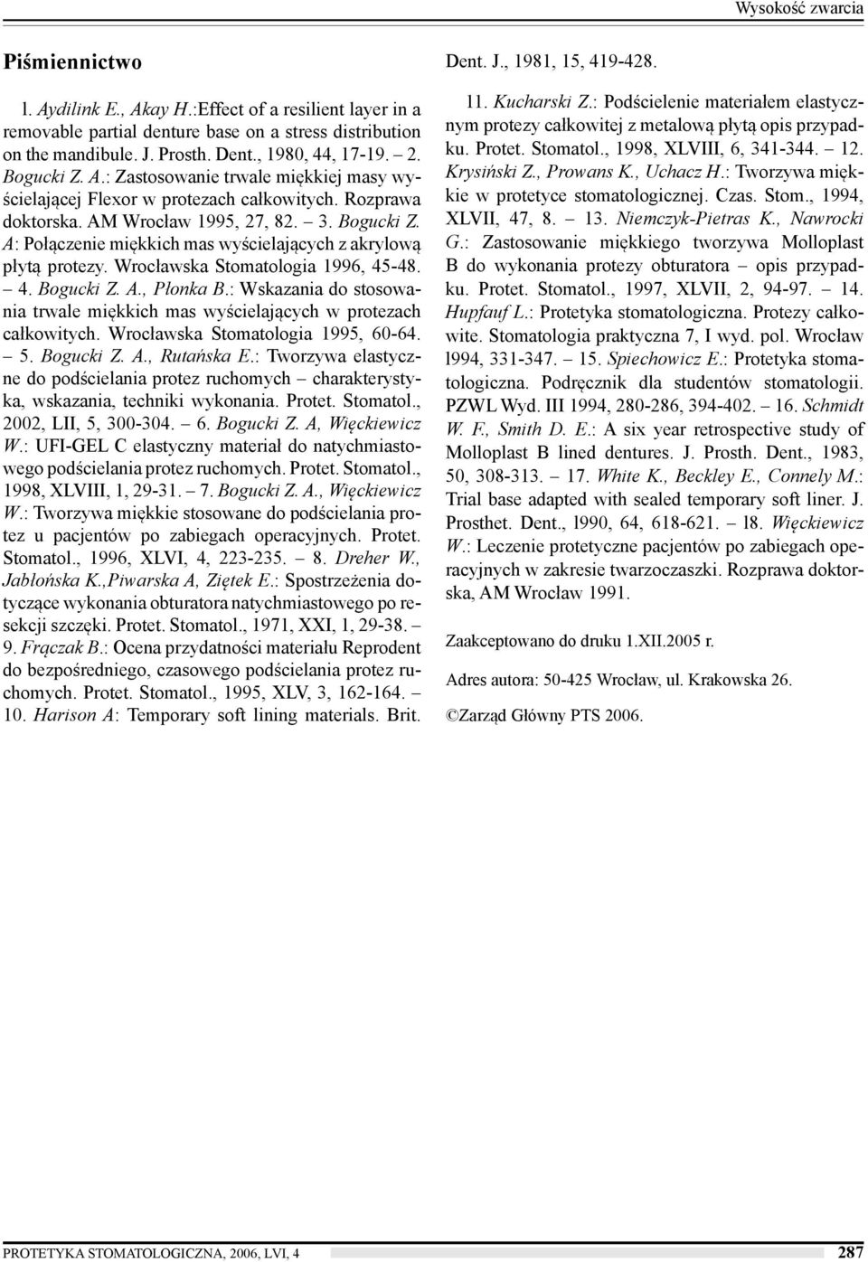 A: Połączenie miękkich mas wyścielających z akrylową płytą protezy. Wrocławska Stomatologia 1996, 45-48. 4. Bogucki Z. A., Płonka B.