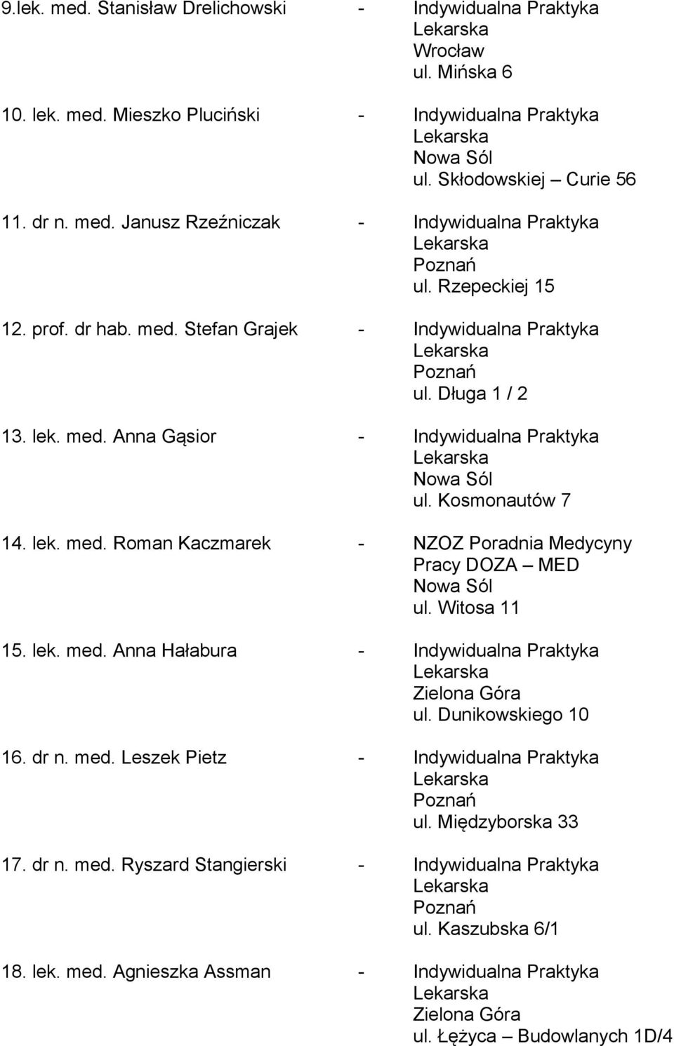 Witosa 11 15. lek. med. Anna Hałabura - Indywidualna Praktyka ul. Dunikowskiego 10 16. dr n. med. Leszek Pietz - Indywidualna Praktyka ul. Międzyborska 33 17. dr n. med. Ryszard Stangierski - Indywidualna Praktyka ul.