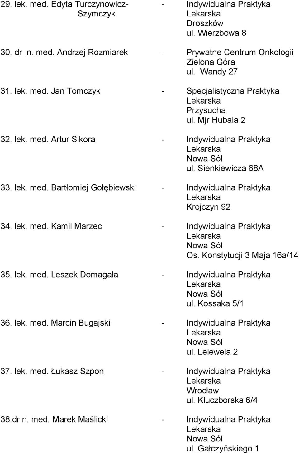 Konstytucji 3 Maja 16a/14 35. lek. med. Leszek Domagała - Indywidualna Praktyka ul. Kossaka 5/1 36. lek. med. Marcin Bugajski - Indywidualna Praktyka ul. Lelewela 2 37. lek. med. Łukasz Szpon - Indywidualna Praktyka ul.
