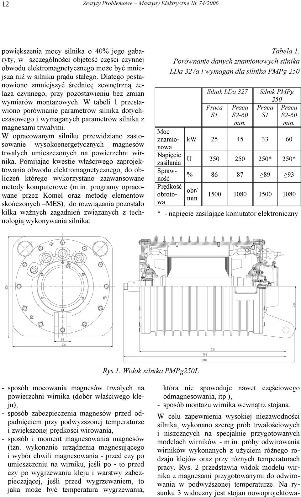 W tabeli 1 przestawiono porównanie parametrów silnika dotychczasowego i wymaganych parametrów silnika z magnesami trwałymi.