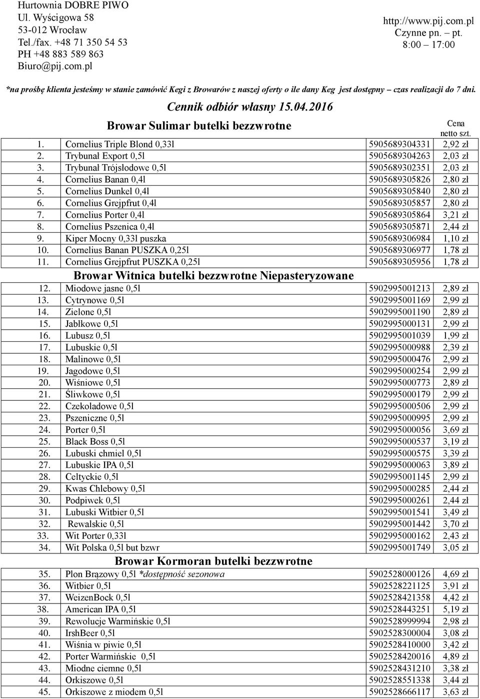 2016 Browar Sulimar butelki bezzwrotne Cena netto szt. 1. Cornelius Triple Blond 0,33l 5905689304331 2,92 zł 2. Trybunał Export 0,5l 5905689304263 2,03 zł 3.