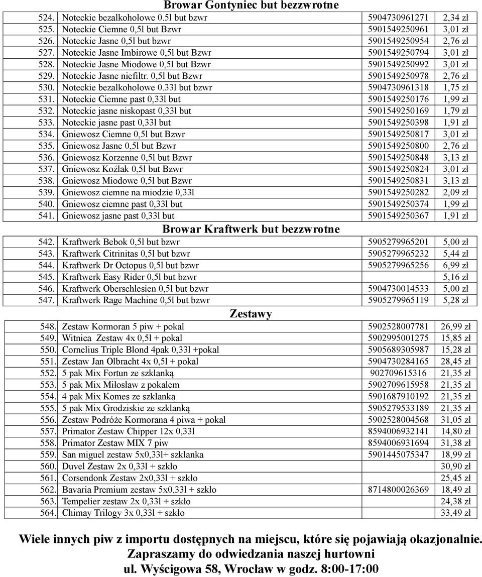 Noteckie Jasne niefiltr. 0,5l but Bzwr 5901549250978 2,76 zł 530. Noteckie bezalkoholowe 0.33l but bzwr 5904730961318 1,75 zł 531. Noteckie Ciemne past 0,33l but 5901549250176 1,99 zł 532.