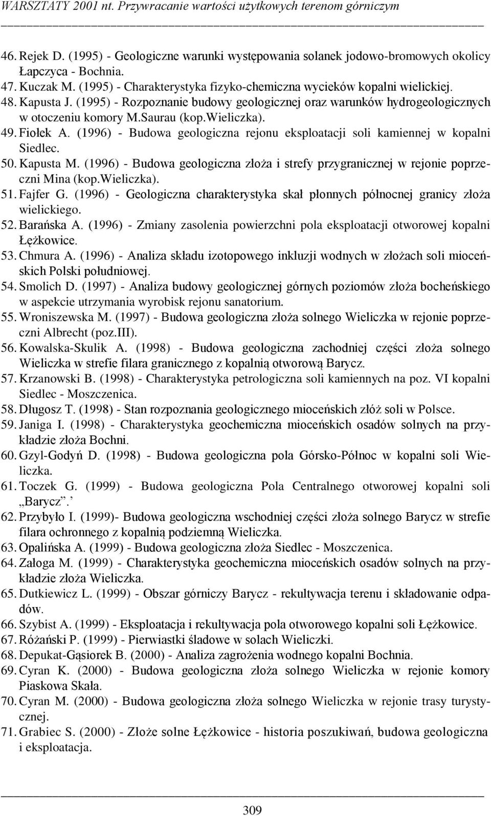 wieliczka). 49. Fiołek A. (1996) - Budowa geologiczna rejonu eksploatacji soli kamiennej w kopalni Siedlec. 50. Kapusta M.