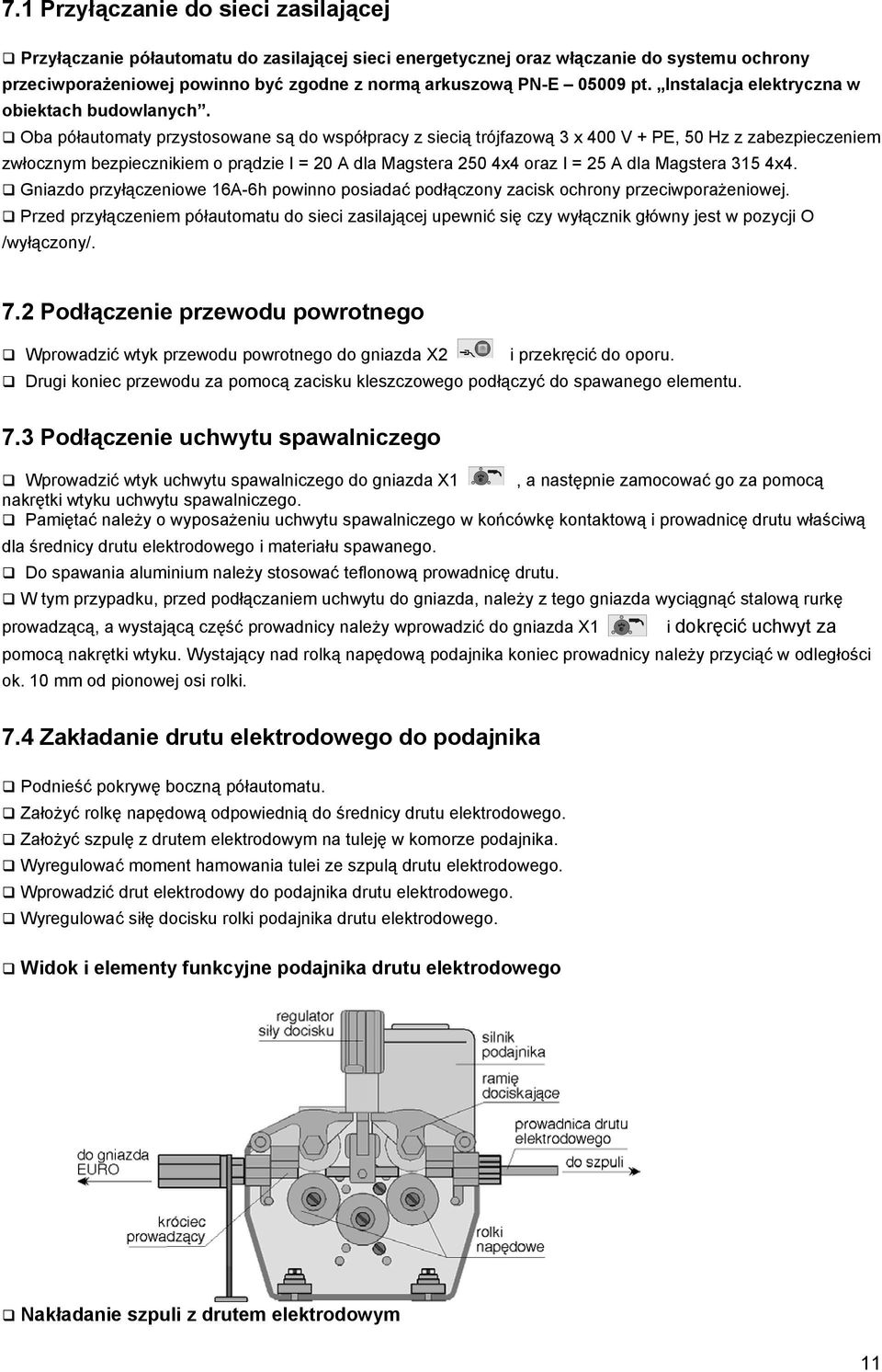 Oba półautomaty przystosowane są do współpracy z siecią trójfazową 3 x 400 V + PE, 50 Hz z zabezpieczeniem zwłocznym bezpiecznikiem o prądzie I = 20 A dla Magstera 250 4x4 oraz I = 25 A dla Magstera