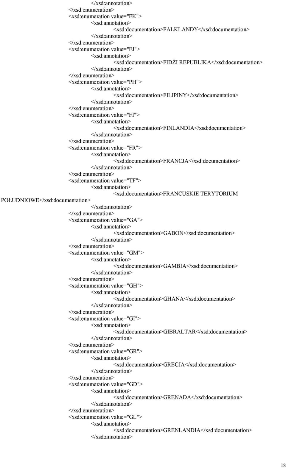 <xsd:documentation>francja</xsd:documentation> <xsd:enumeration value="tf"> <xsd:documentation>francuskie TERYTORIUM POŁUDNIOWE</xsd:documentation> <xsd:enumeration value="ga">