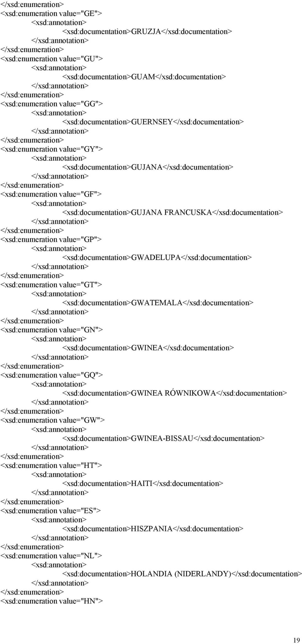 FRANCUSKA</xsd:documentation> <xsd:enumeration value="gp"> <xsd:documentation>gwadelupa</xsd:documentation> <xsd:enumeration value="gt"> <xsd:documentation>gwatemala</xsd:documentation>