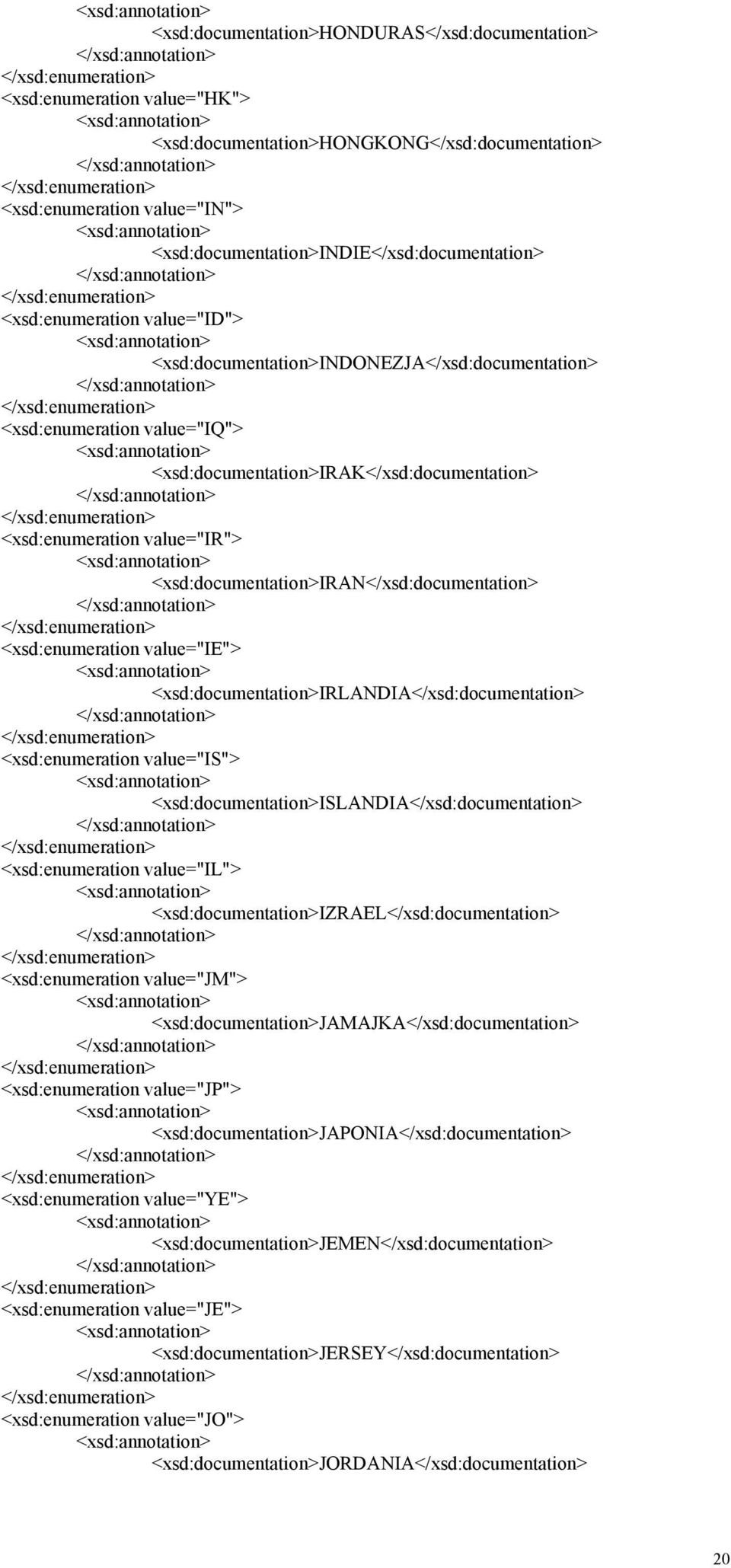 <xsd:documentation>iran</xsd:documentation> <xsd:enumeration value="ie"> <xsd:documentation>irlandia</xsd:documentation> <xsd:enumeration value="is"> <xsd:documentation>islandia</xsd:documentation>