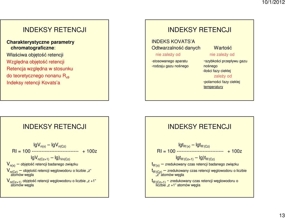 -polarności fazy ciekłej temperatury INDEKSY RETENCJI INDEKSY RETENCJI lgv n(x) lgv n(cz) RI = 1 ----------------------------- + 1z lgt R (x) lgt R (Cz) RI = 1 ----------------------------- + 1z lgv