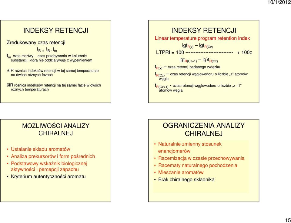 LTPRI = 1 ----------------------------- + 1z lgt R(Cz+1) lg)t R(Cz) t R(x) czas retencji badanego związku t R(Cz) czas retencji węglowodoru o liczbie z atomów węgla t R(Cz+1) - czas retencji