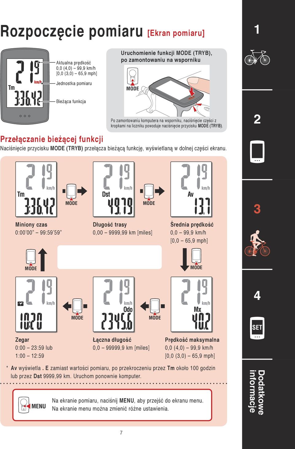 Aktualna prędkość 0,0 (,0) 99,9 km/h [0,0 (,0) 65,9 mph] Jednostka pomiaru Bieżąca funkcja [Ekran pomiaru] Uruchomienie funkcji (TRYB), po zamontowaniu na wsporniku Po zamontowaniu komputera na