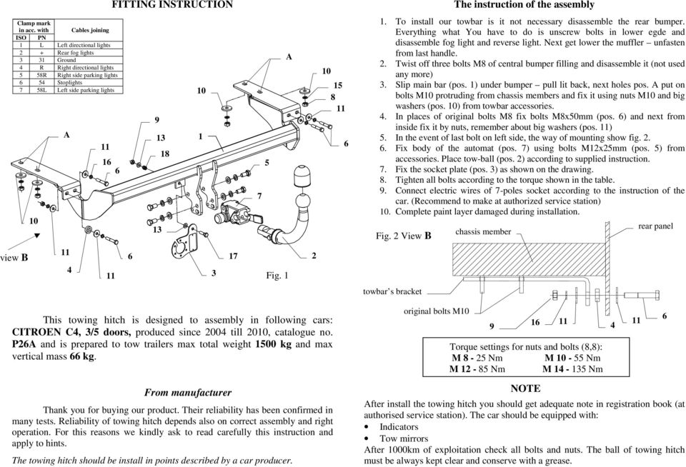 FITTING INSTRUCTION 18 1 3 17 7 5 Fig. 1 This towing hitch is designed to assembly in following cars: CITROEN C, 3/5 doors, produced since 200 till 20, catalogue no.