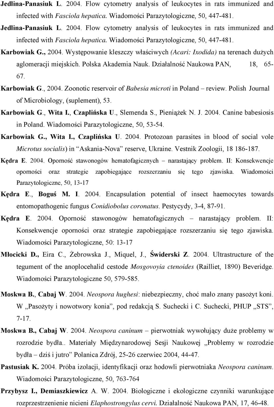 Polish Journal of Microbiology, (suplement), 53. Karbowiak G., Wita I., Czaplińska U., Slemenda S., Pieniążek N. J. 2004. Canine babesiosis in Poland. Wiadomości Parazytologiczne, 50, 53-54.