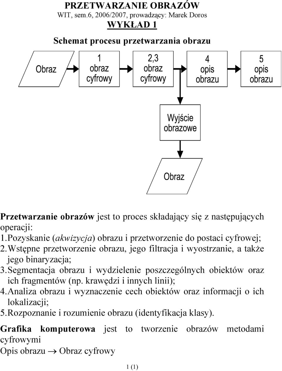 Pozyskanie (akwizycja) obrazu i przetworzenie do postaci cyfrowej; 2. Wstępne przetworzenie obrazu, jego filtracja i wyostrzanie, a także jego binaryzacja; 3.