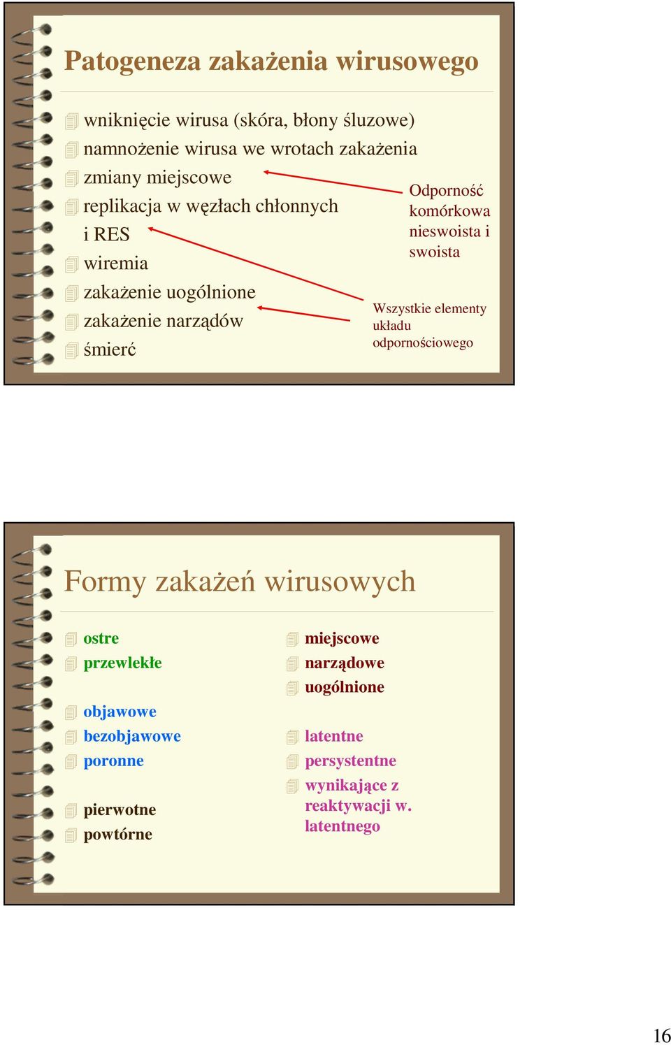 nieswoista i swoista Wszystkie elementy układu odpornościowego Formy zakażeń wirusowych ostre przewlekłe objawowe