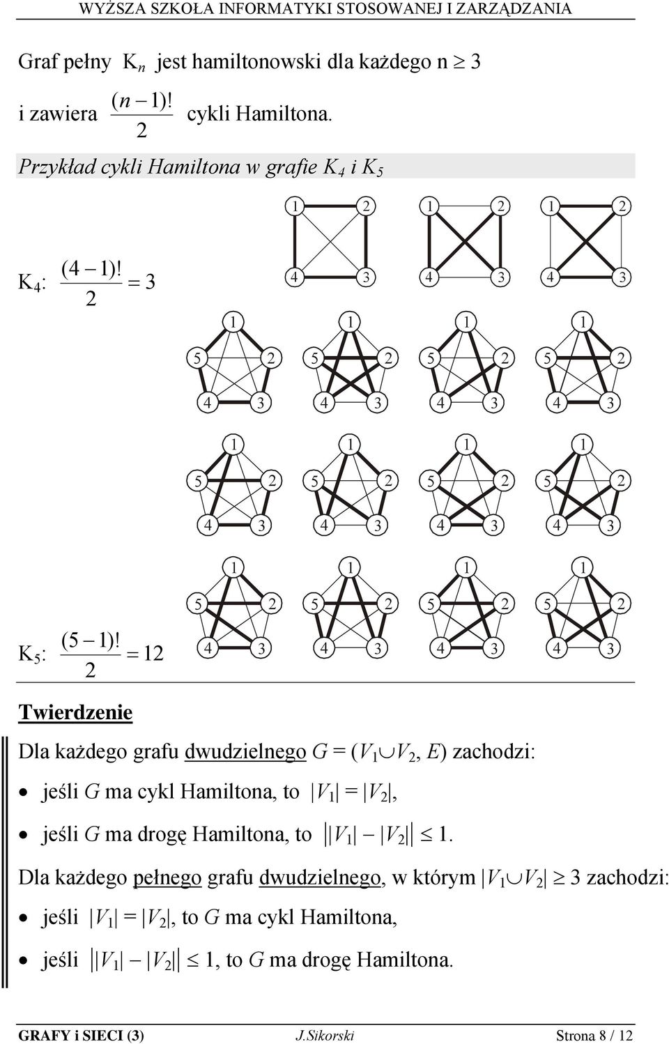 K : = Twierdzenie Dla każdego grafu dwudzielnego G = (V V, E) zachodzi: jeśli G ma cykl Hamiltona, to V = V, jeśli