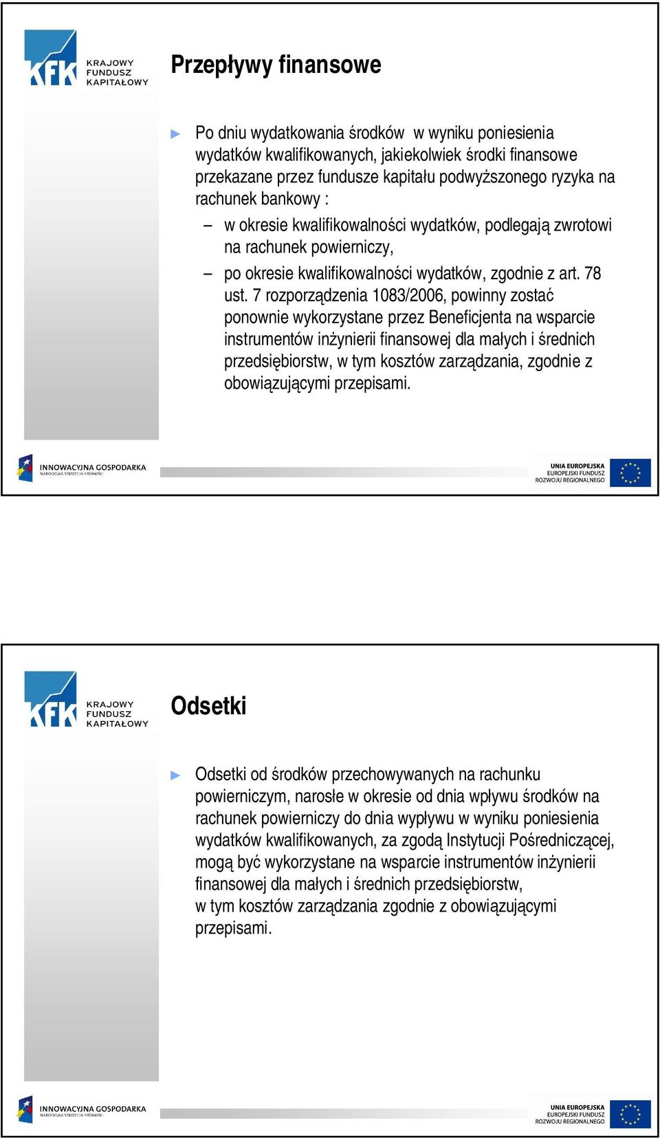 7 rozporzdzenia 1083/2006, powinny zosta ponownie wykorzystane przez Beneficjenta na wsparcie instrumentów inynierii finansowej dla maych i rednich przedsibiorstw, w tym kosztów zarzdzania, zgodnie z