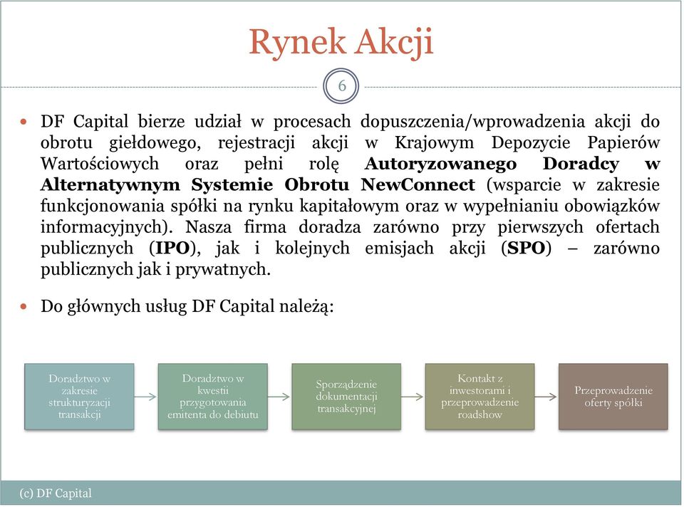 Nasza firma doradza zarówno przy pierwszych ofertach publicznych (IPO), jak i kolejnych emisjach akcji (SPO) zarówno publicznych jak i prywatnych.