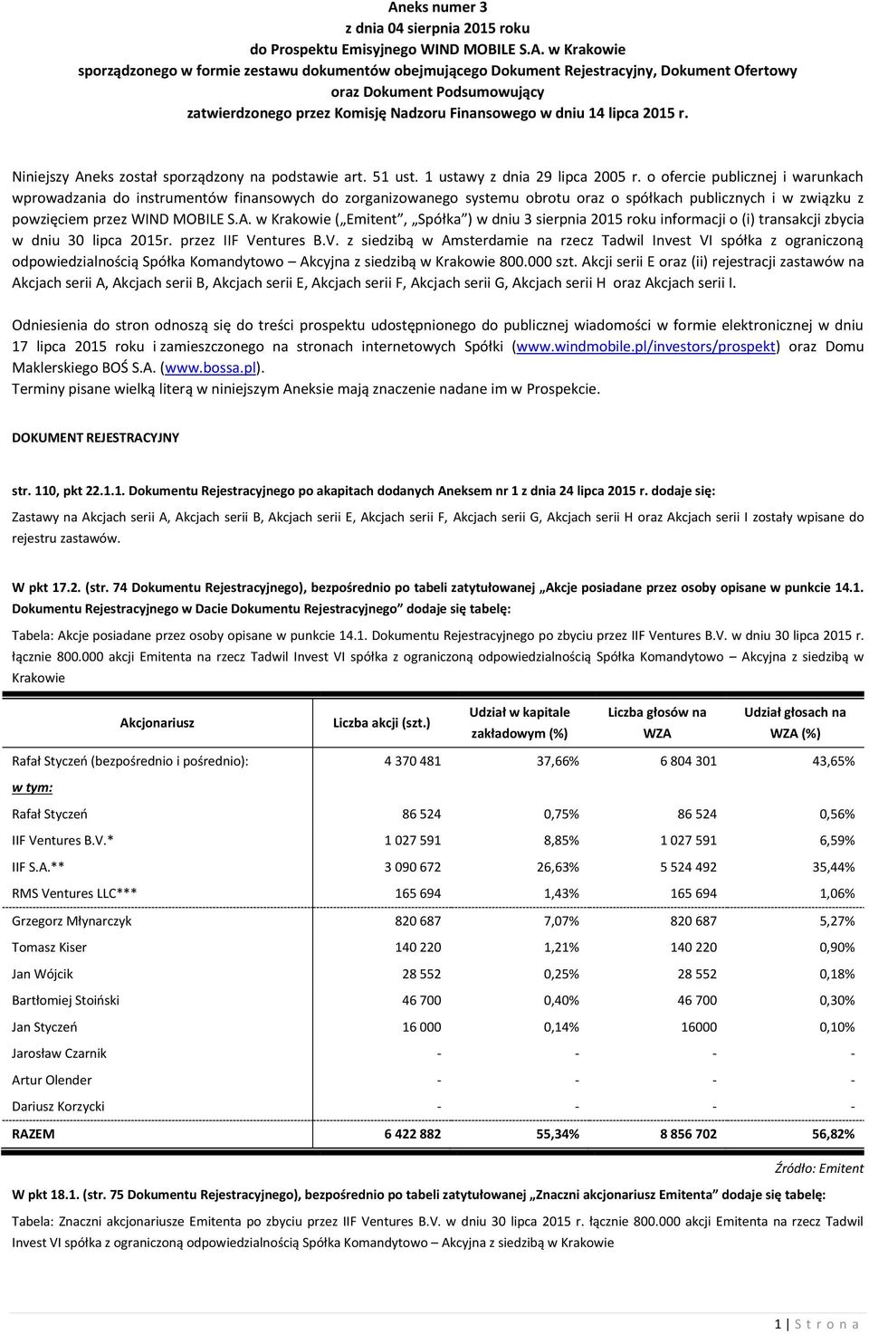 o ofercie publicznej i warunkach wprowadzania do instrumentów finansowych do zorganizowanego systemu obrotu oraz o spółkach publicznych i w związku z powzięciem przez WIND MOBILE S.A.