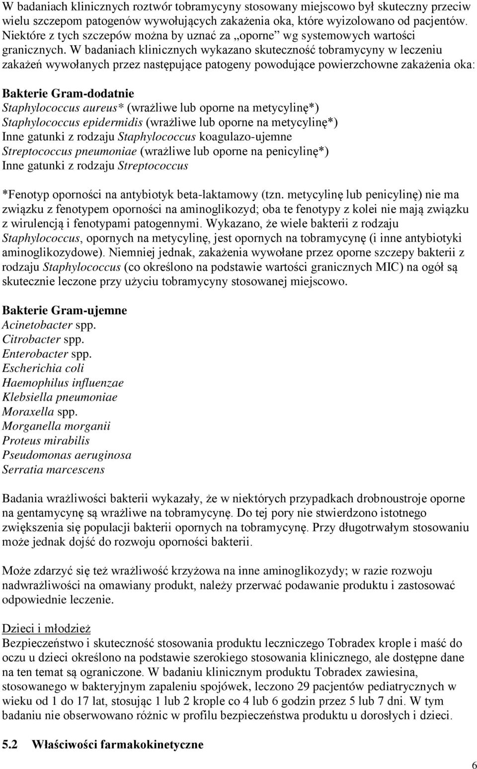 W badaniach klinicznych wykazano skuteczność tobramycyny w leczeniu zakażeń wywołanych przez następujące patogeny powodujące powierzchowne zakażenia oka: Bakterie Gram-dodatnie Staphylococcus aureus*