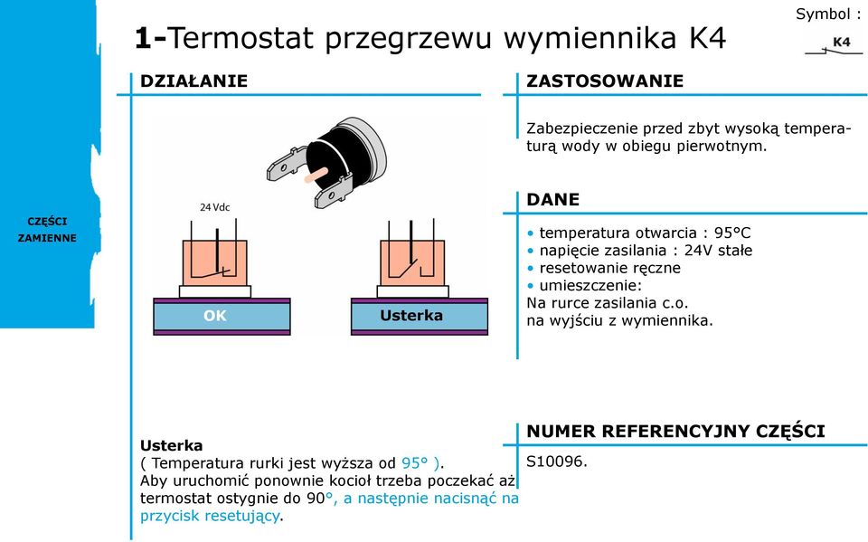 DANE OK Usterka temperatura otwarcia : 95 C napięcie zasilania : 24V stałe resetowanie ręczne umieszczenie: Na rurce zasilania c.