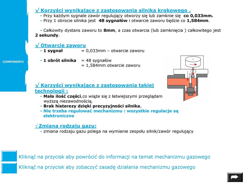 Otwarcie zaworu - 1 sygnał = 0,033mm otwarcie zaworu COMPONENTI - 1 obrót silnika = 48 sygnałów = 1,584mm otwarcie zaworu Korzyści wynikające z zastosowania takiej technologii : - Mała ilość
