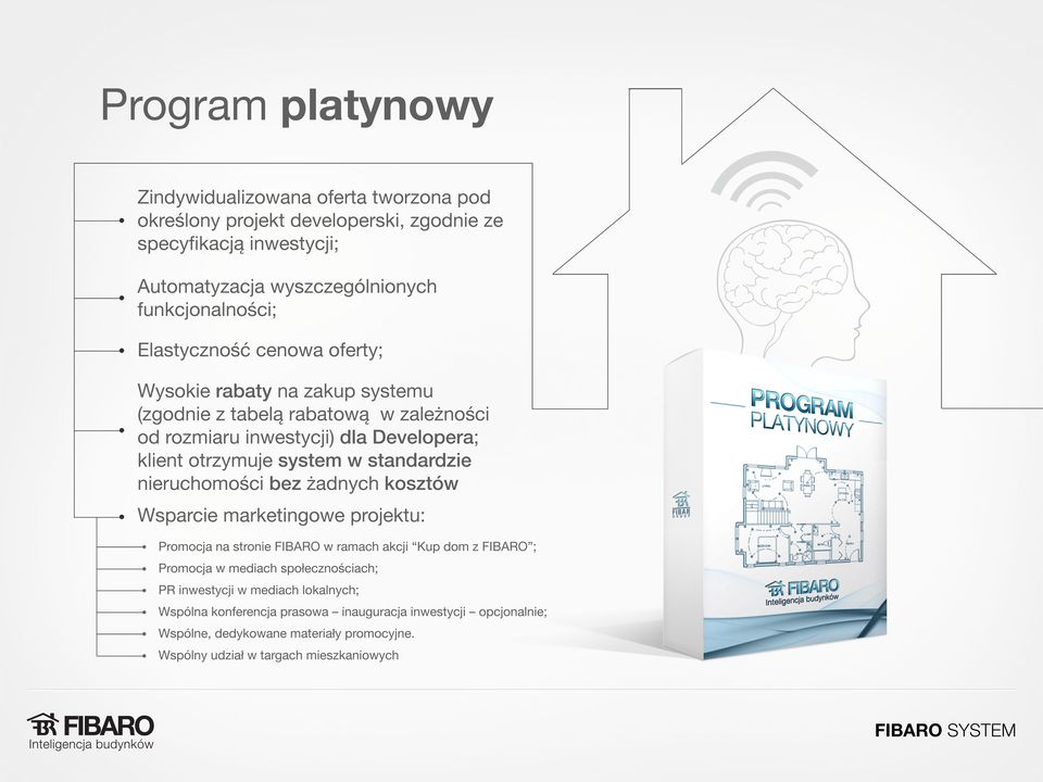 standardzie nieruchomości bez żadnych kosztów Wsparcie marketingowe projektu: Promocja na stronie FIBARO w ramach akcji Kup dom z FIBARO ; Promocja w mediach