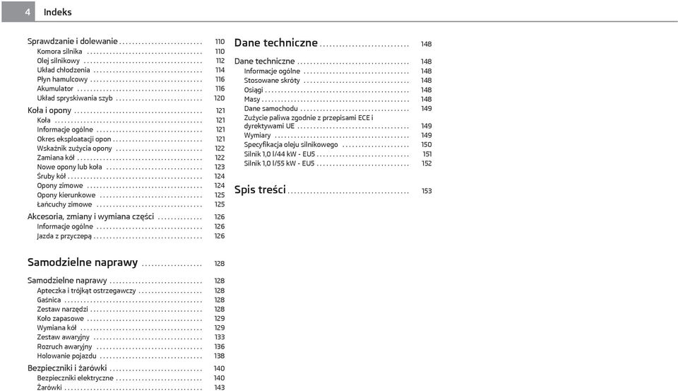 ....................................... 121 Koła.............................................. 121 Informacje ogólne................................. 121 Okres eksploatacji opon.