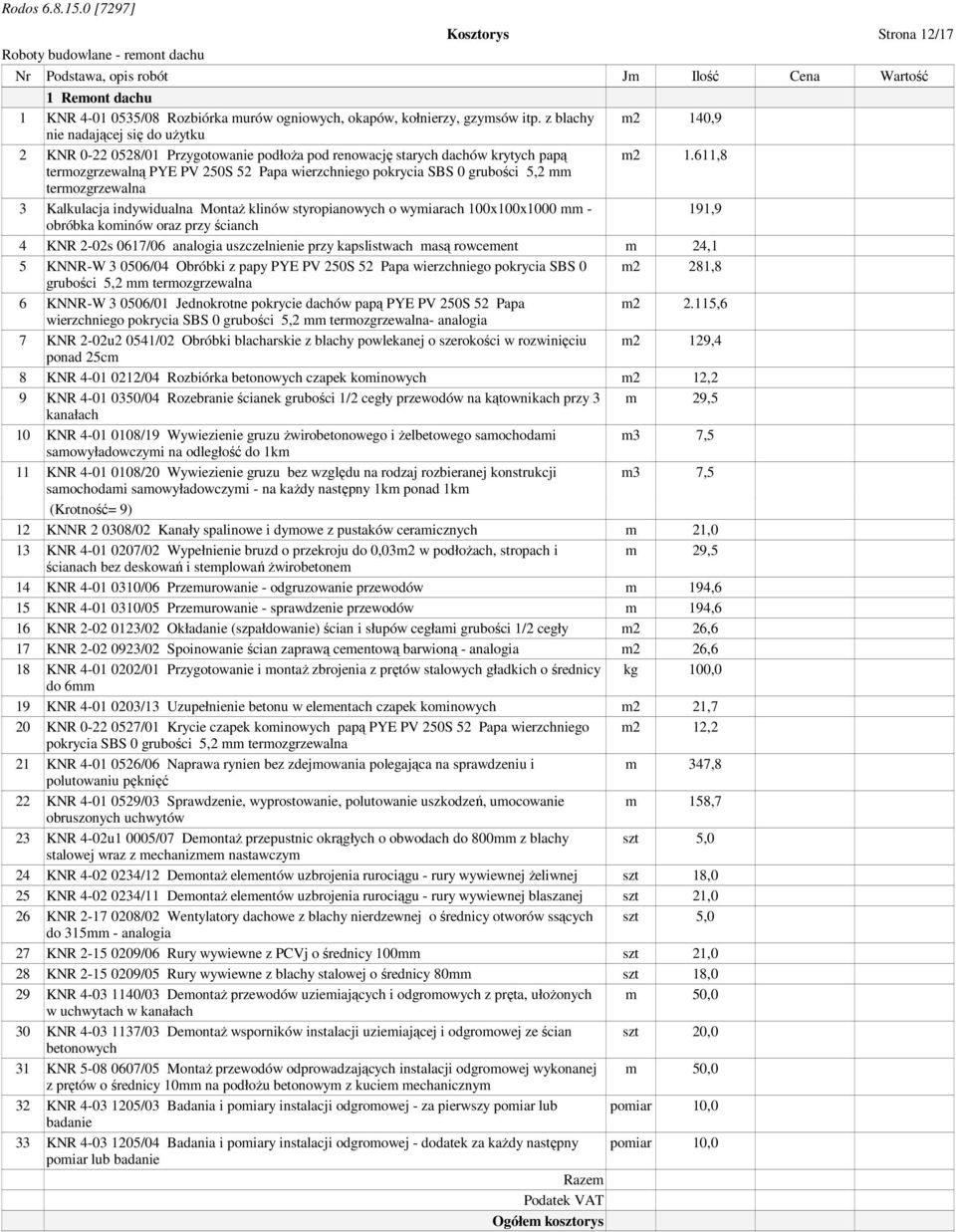 611,8 termozgrzewalną PYE PV 250S 52 Papa wierzchniego pokrycia SBS 0 grubości 5,2 mm termozgrzewalna 3 Kalkulacja indywidualna MontaŜ klinów styropianowych o wymiarach 100x100x1000 mm - 191,9