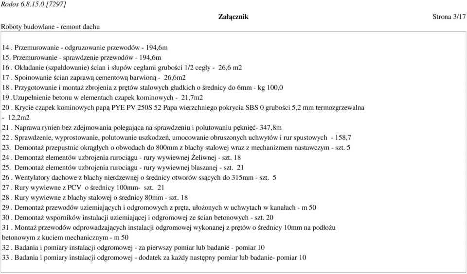 Przygotowanie i montaŝ zbrojenia z prętów stalowych gładkich o średnicy do 6mm - kg 100,0 19.Uzupełnienie betonu w elementach czapek kominowych - 21,7m2 20.