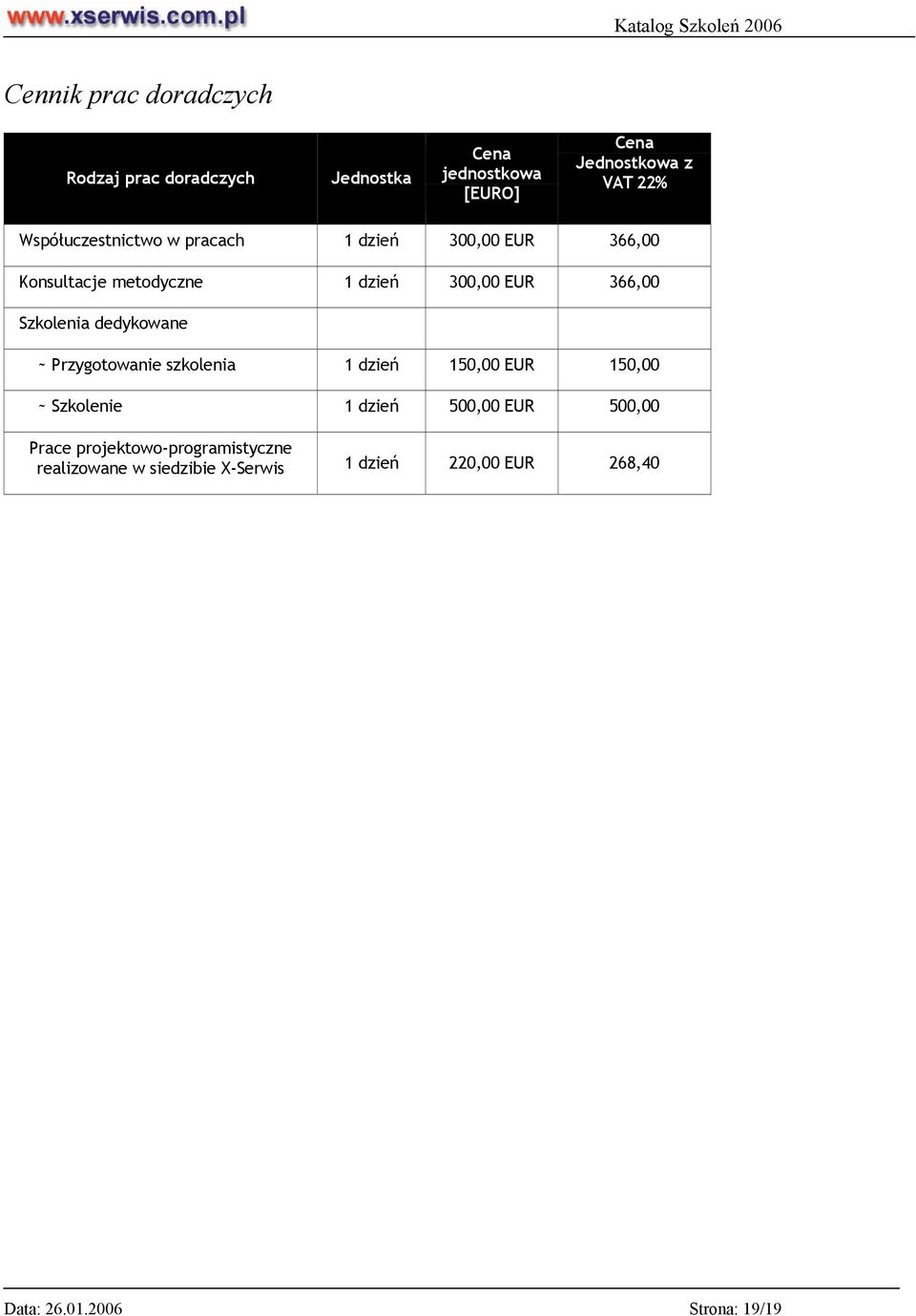 Szkolenia dedykowane ~ Przygotowanie 1 dzień 150,00 EUR 150,00 ~ Szkolenie 1 dzień 500,00 EUR 500,00 Prace
